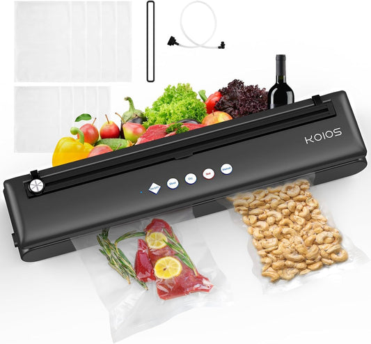 KOIOS Vacuum Sealer Machine, Automatic Food Sealer with Cutter, Dry & Moist Modes, Compact Design Powerful Suction Air Sealing System with 10 Sealing Bags & Air Suction Hose