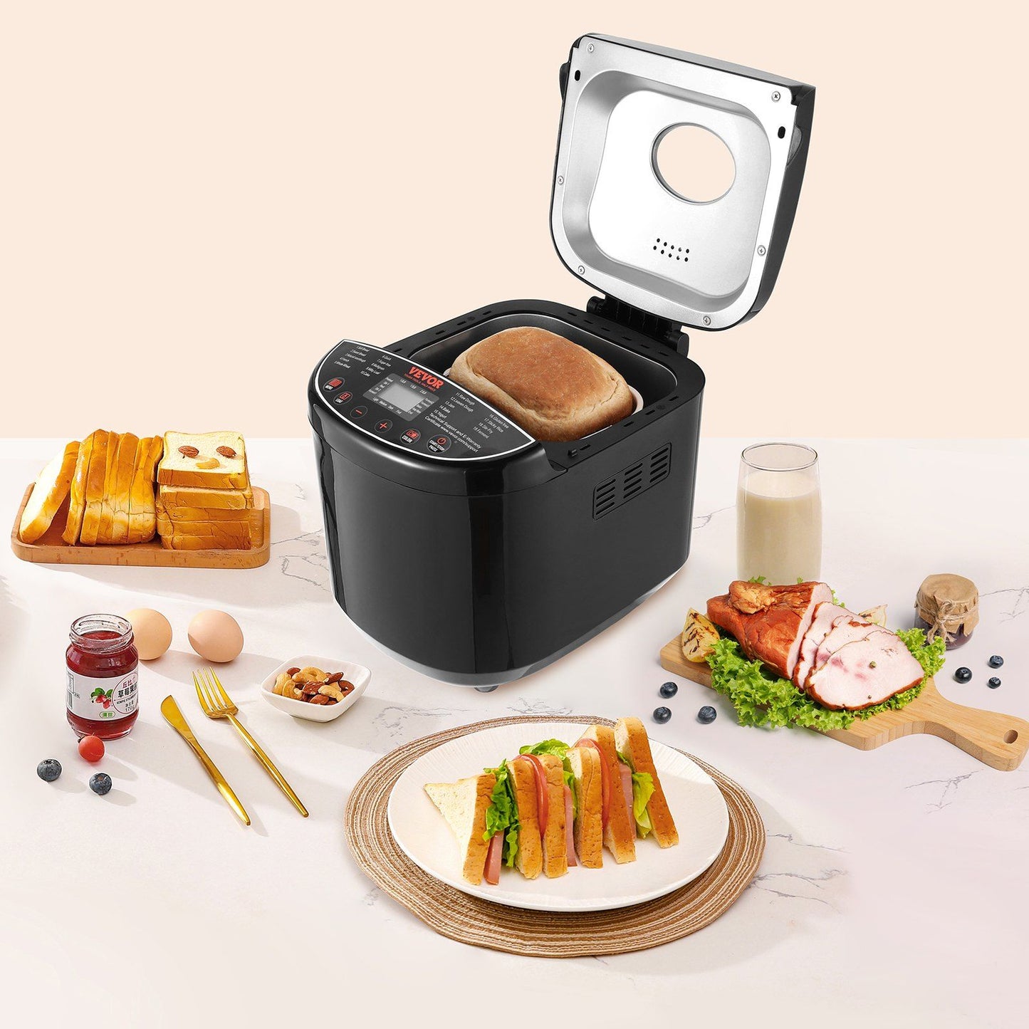 2LB 19-in-1 Bread Maker Automatic Compact Dough Machine Nonstick 3 Crust Colors