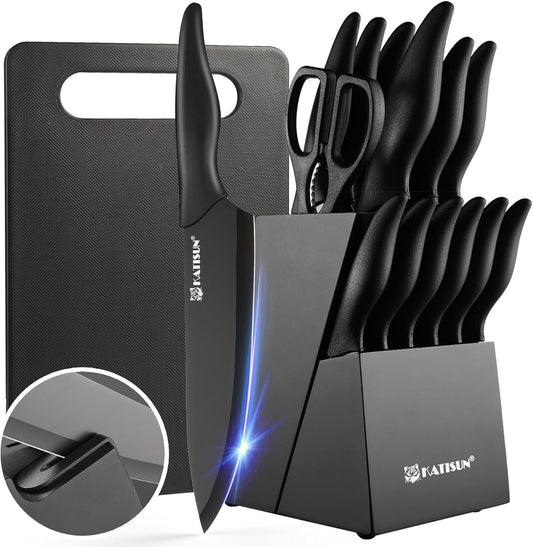 16 Pieces Kitchen Knife Block Set with Cutting Board, German Premium Quality Stainless Steel, Built-in sharpener, Dishwasher Safe, 6 Steak Knives, Anti-slip handle, Black