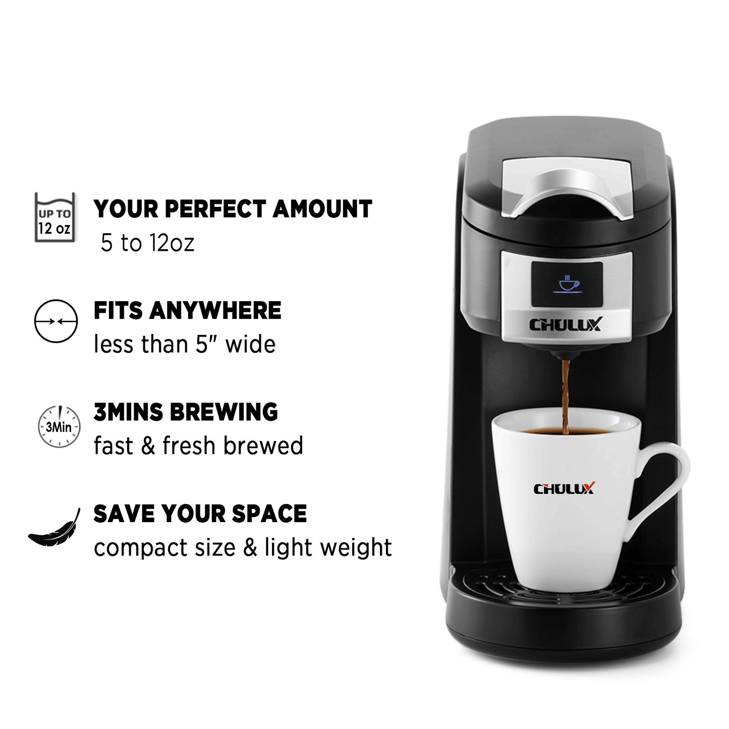 Single Serve Coffee Maker KCUP Pod Coffee Brewer, CHULUX Upgrade Single Cup Coffee Machine Fast Brewing, All in One Simply Coffee Maker for K CUP Ground Coffee Tea, Mini Coffee Machine Brew in Minutes