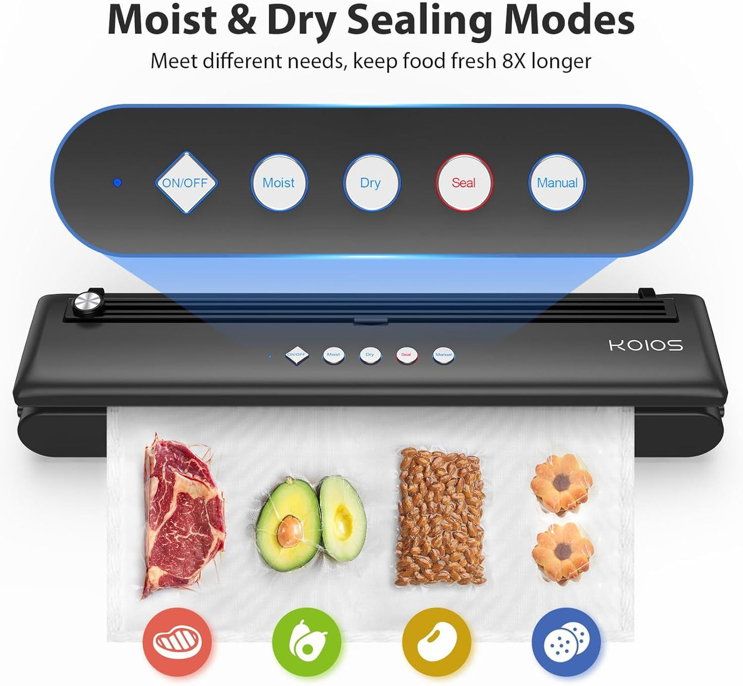 KOIOS Vacuum Sealer Machine, Automatic Food Sealer with Cutter, Dry & Moist Modes, Compact Design Powerful Suction Air Sealing System with 10 Sealing Bags & Air Suction Hose