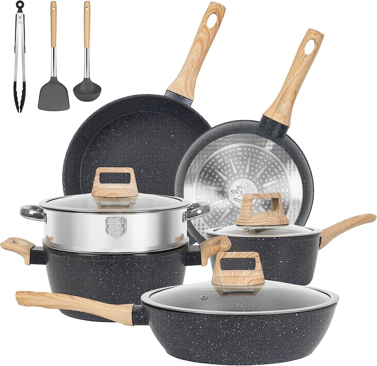 12 Piece Pots & Pantry Set, Nonstick Cookware Set, Induction Oven Nonstick Granite Cooking Set Including Frying Pan, Pan, Steamer, Silicone Spatula, and Pliers