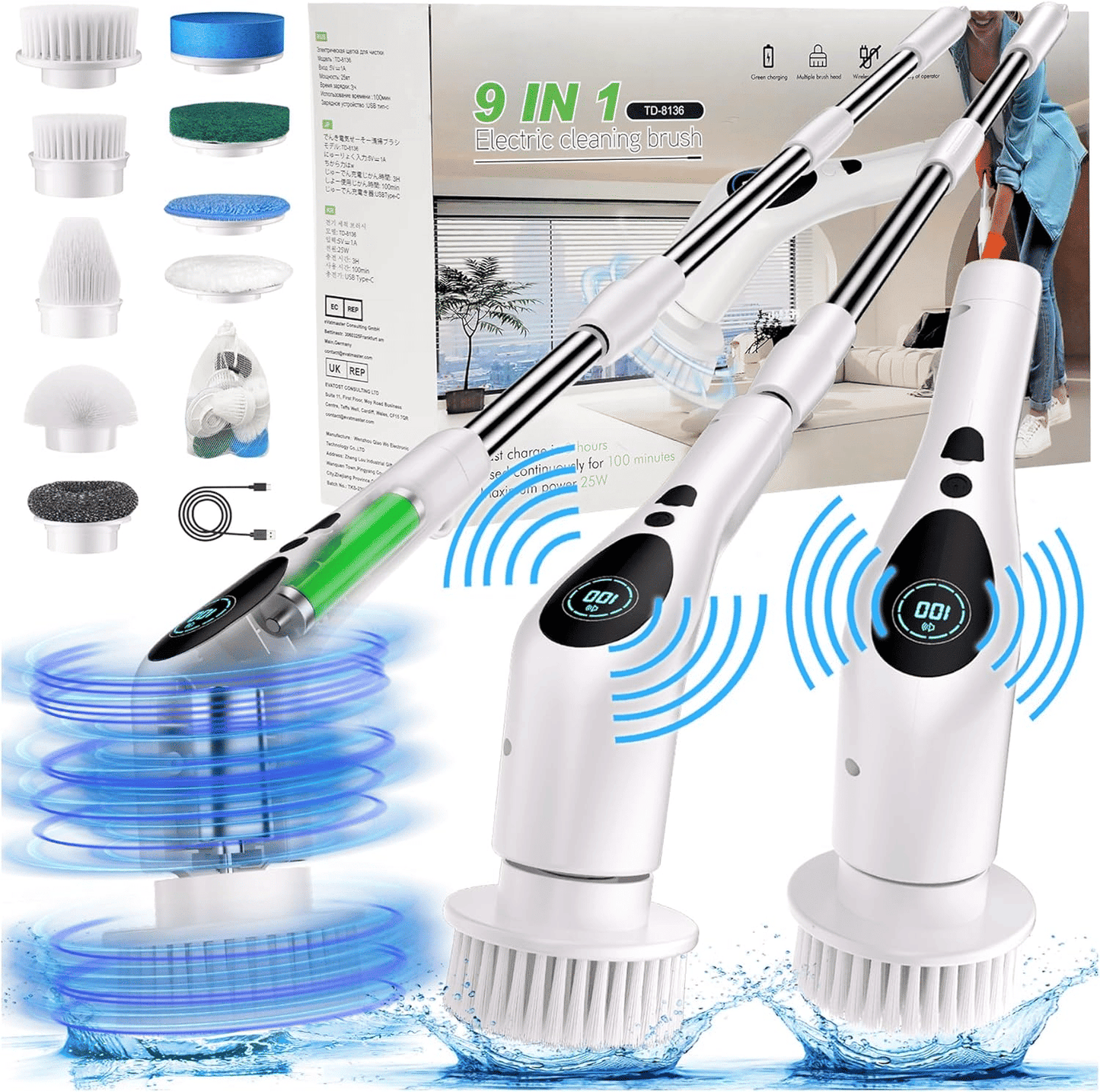 9 in 1 Electric Spin Scrubber,  New Cordless Voice Prompt Cleaning Brush with 9 Replaceable Brush Heads, 3 Adjustable Speeds