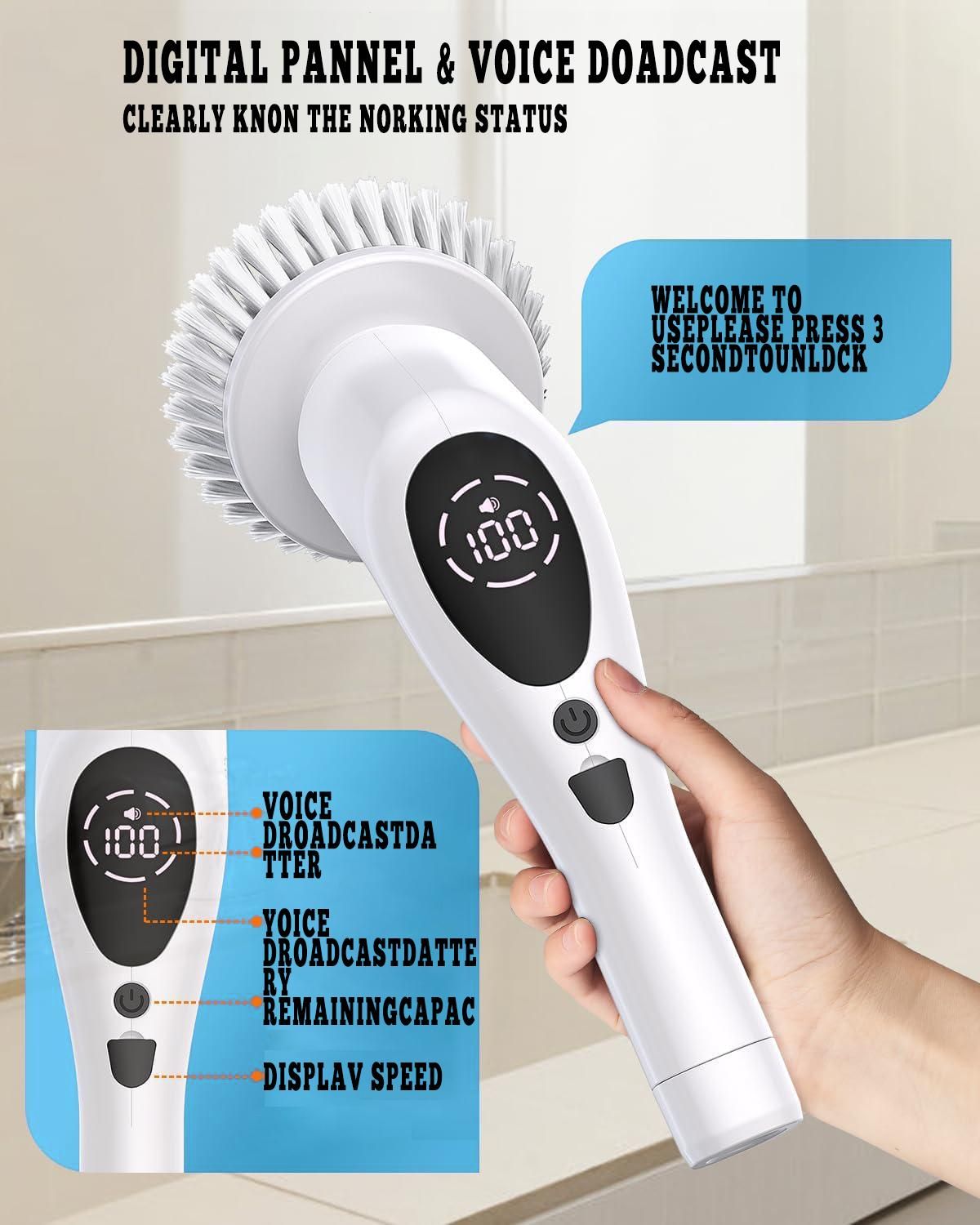 9 in 1 Electric Spin Scrubber,  New Cordless Voice Prompt Cleaning Brush with 9 Replaceable Brush Heads, 3 Adjustable Speeds