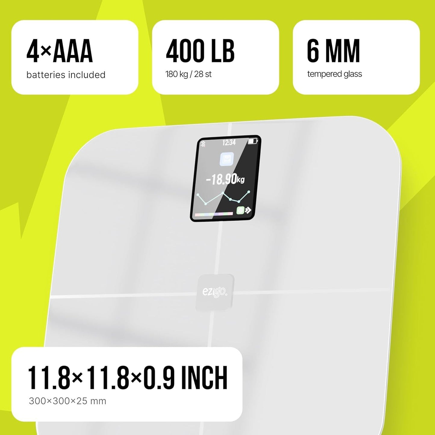 25 Metrics EziGo White Digital Bathroom Smart Scale with BMI, Body Fat, Muscle Mass, Bluetooth, Apple Health Compatible Scales, Digital Weight Composition Scale & Body Fat Mass, Up to 400lb/180 kg