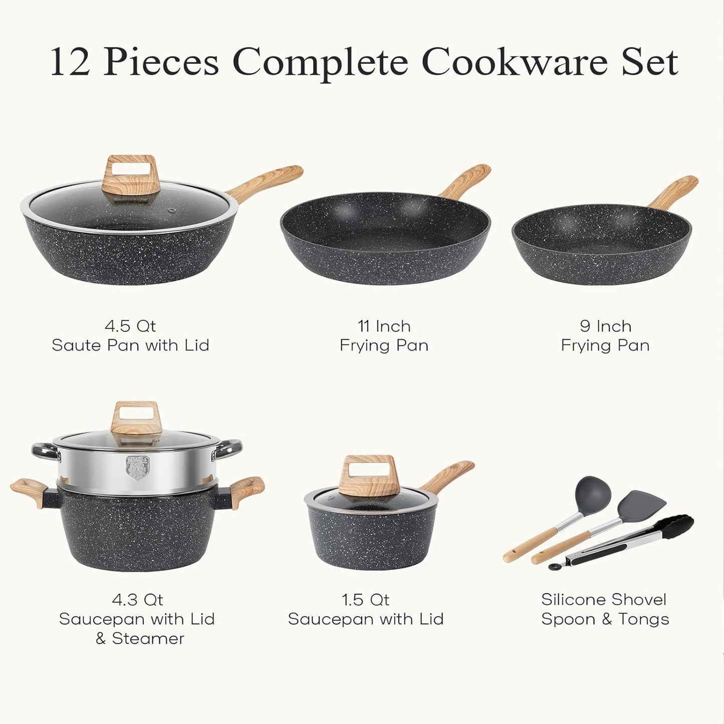 12 Piece Pots & Pantry Set, Nonstick Cookware Set, Induction Oven Nonstick Granite Cooking Set Including Frying Pan, Pan, Steamer, Silicone Spatula, and Pliers