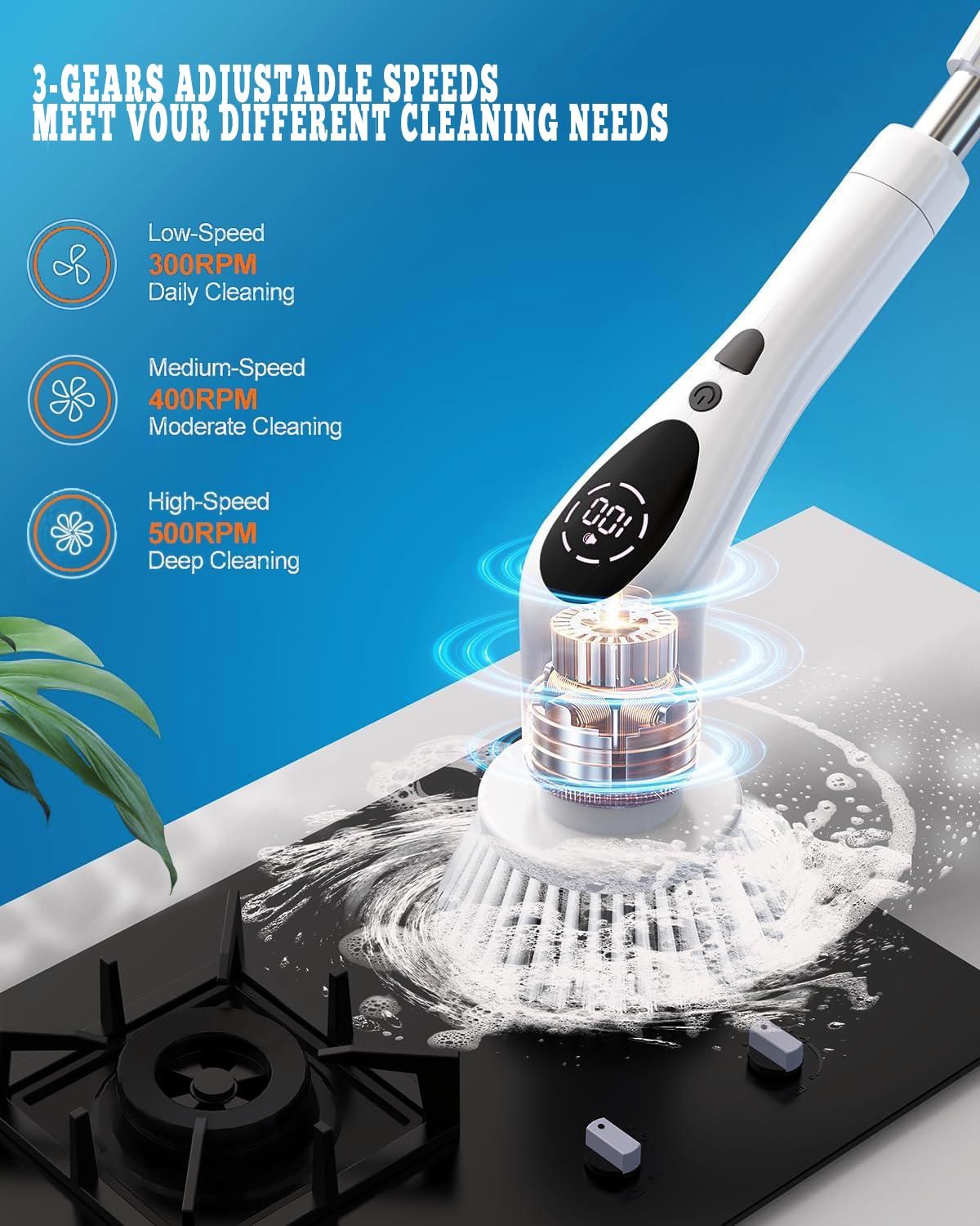 9 in 1 Electric Spin Scrubber,  New Cordless Voice Prompt Cleaning Brush with 9 Replaceable Brush Heads, 3 Adjustable Speeds