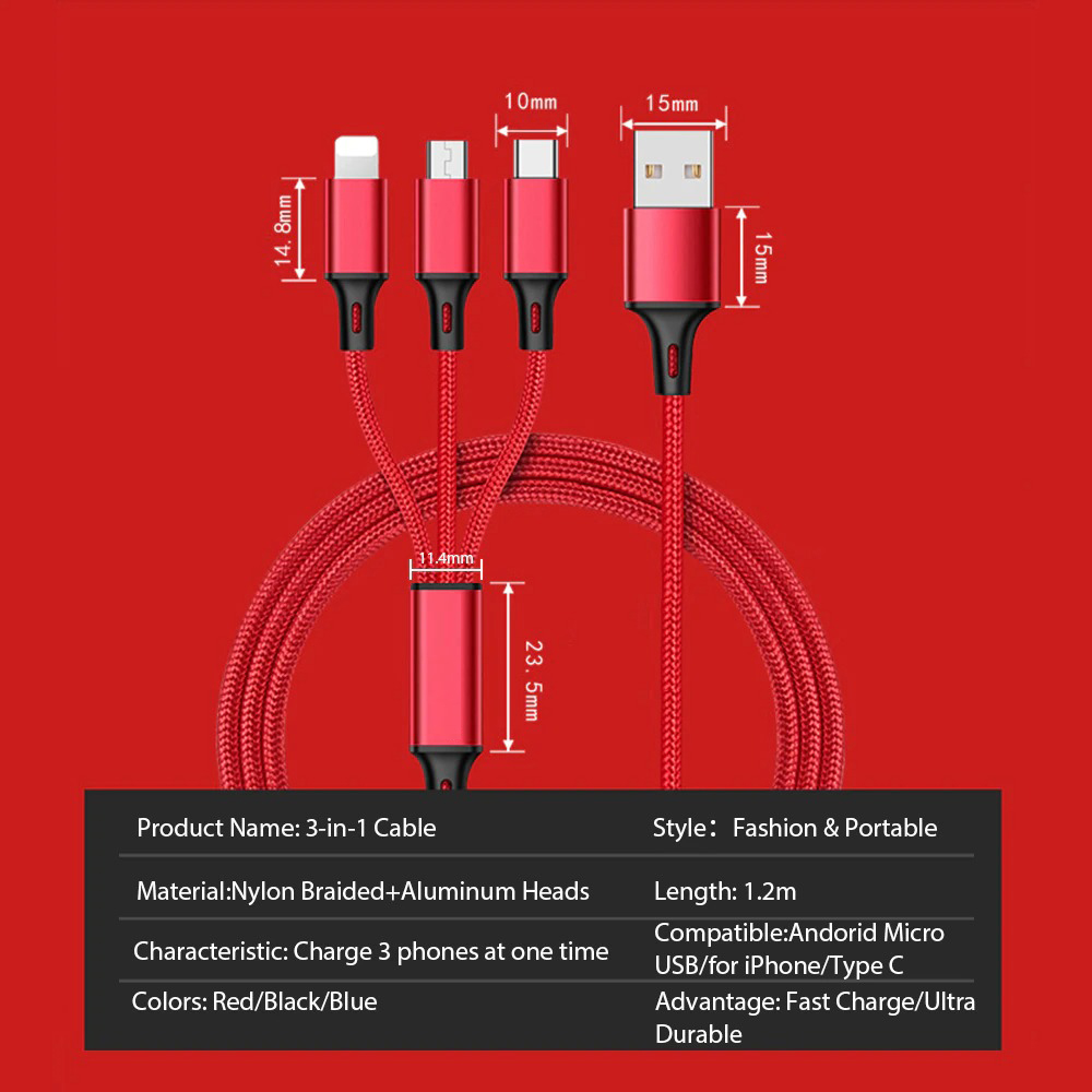 3 in 1 USB Cable For iPhone XS Max XR X 8 7 Charging Charger Micro USB Cable For Android USB TypeC Mobile Phone Cables